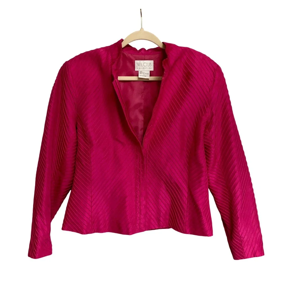 Silk Club Pink Silk Jacket Women's‎ Size Large Ribbed Striped Zipper Vintage
